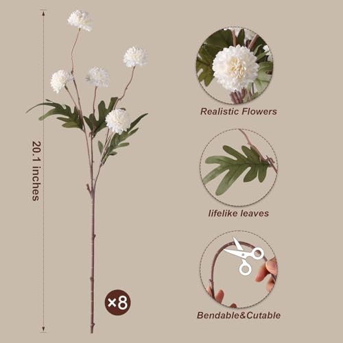 HyeFlora Fake Kiku Flowers, Faux Silk Pompon Mums Artificial Flowers, Chrysanthemum Stems Floral Arrangement Dried Flowers Vintage Decorative Indoor Home Vase Decor White (Vase not Included) - color: 8pcs-white