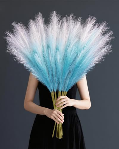 TORONTOKYO 8Pcs Blue Faux Pampas Grass Tall Decor, 35.4” Fluffy Artificial Pompous Grass Branches, Large Pampas Grass Reed Stems for Floor Vase Filler, Wedding, Baby Shower, Home Boho Decor - color: Blue, size: 35.4inch-8Pcs