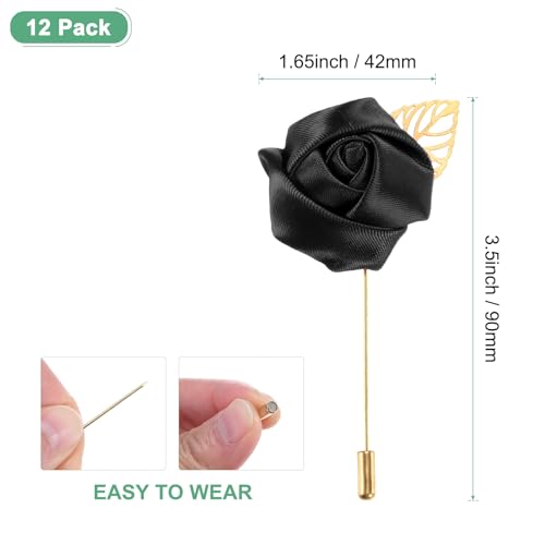 M METERXITY 12-Pack Flower Lapel Pins for Men, Golden Leaf Rose Boutonnieres Pin for Wedding/Dance/Party, Mens Lapel Pins for Suits Satin Flower Corsage Hat Pins [Black] - color: Black