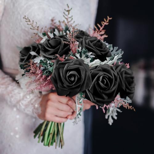 50 Pcs Artificial Foam Rose Flower Faux Bouquet Wedding Fake Rose Gift for Mother's Day Women DIY Bridal Shower Party Table Birthday Home Spring Decor (Black) - color: Black