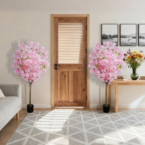 2 Pack Artificial Cherry Blossom Tree,4FT Faux Cherry Blossom Plant in Pot with Pink Flowers,Artificial Silk Plants for Indoor Outdoor Decor,Front,Living Room,Office,Patio - size: 2Pack 4FT