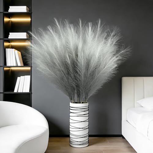 TORONTOKYO 8Pcs Grey Faux Pampas Grass Tall Decor, 35.4” Fluffy Artificial Pompous Grass Branches, Large Pampas Grass Reed Stems for Floor Vase Filler, Wedding, Baby Shower, Home and Boho Decor - color: Grey, size: 35.4inch-8Pcs