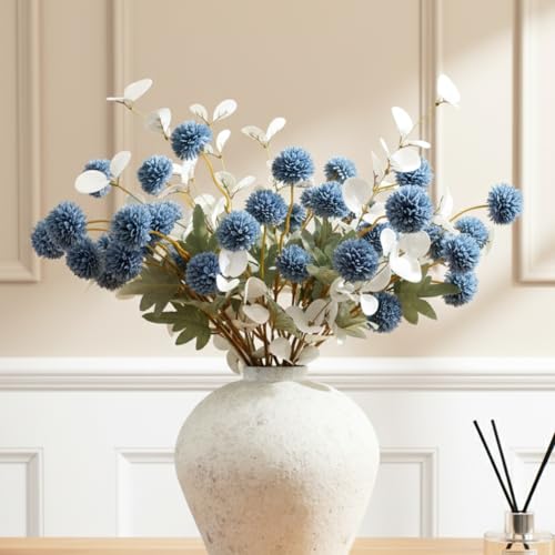 Faux Dusty Blue Flowers, Blue and White Floral Stems For Centerpieces, Fake Mums Artificial Flowers, Flores Azules Artificiales Para Decoracion, Long Stems For Vases, DIY Silk Floral Arrangements - color: Blue