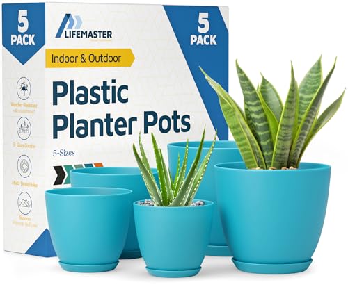 Blue Plant Pots with Drainage Holes & Saucers 5 Pack, Indoor & Outdoor Stackable Space-Saving Planters for Houseplants & Flowers, (7", 6.7", 6", 5.3", and 4.8" Inches), Durable & Weatherproof - color: Blue, size: Pack of 5