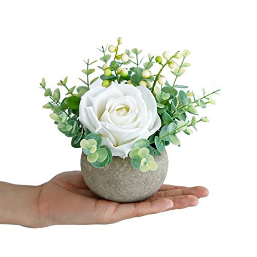 Small Artificial White Rose Potted Plant, 6" Fake Silk Flowers in 3.5" Round Pot, Mini Faux Floral Arrangement for Desk Shelf Bathroom Decor - color: White