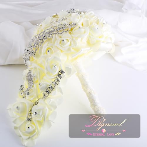 Wedding Bouquets for Brides or Bridesmaids Brick and Stone Decoration Pearl Embellishment Roses Bridal Bridesmaid Wedding Hand Bouquet Artificial Fake Flowers.(Cream) - color: Clear