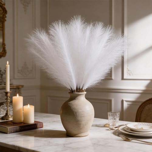 50pcs White Pampas Grass 21.6 Inch Non-Shedding Faux Pampas Grass Decor, Fluffy Artificial Pampas for Boho Home, Wedding Centerpieces and Neutral Vase Arrangements - color: White