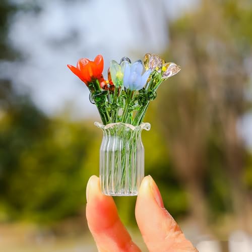 7 Pcs Mini Glass Daisy Flower Hand Blown Glass Artificial Flowers with Clear Vase Crystal Tulip Bouquet Collectible Ornament for Women Mom Wedding Home Table Centerpiece (Green) - color: Green