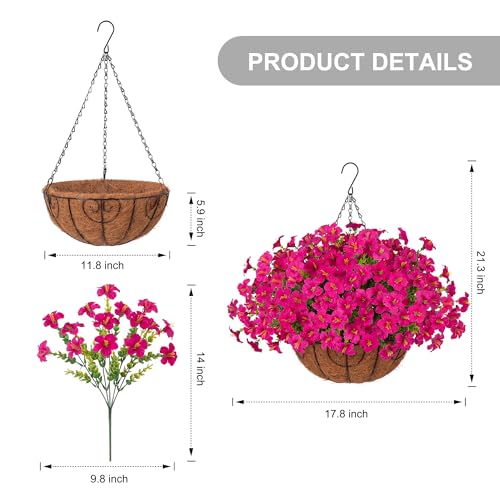 INSPRING Artificial Fake Hanging Flowers Plants Baskets for Outdoors, UV Resistant Outdoor Hanging Faux Silk Petunias in Planter Look Real Morning Glory for Outside Patio Porch Balcony Garden, Fuchsia - color: Fuchsia