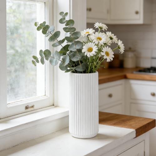 White Ceramic Flower Vase for Pampas Grass, 10 inch Large Decorative Centerpiece Ribbed Vase for Dining Table, Office Desktop, Shelf Bookshelf, Mantel, Entryway, Bathroom, Countertop, Farmhouse, Gift - color: Ceramic White, size: 10 inch