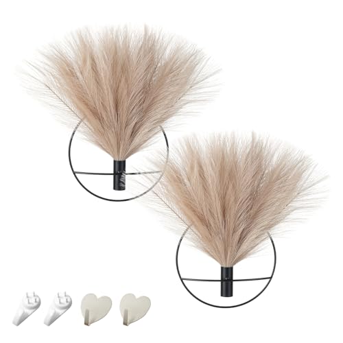 Pretty Jolly Boho Wall Decor Pampas, Wall-Mounted Metal Wall Art, Hanging Artificial Plant, Wall Decor for Living Room, Bedroom, Bathroom, Office, Dorm, Modern wall Decor (2 Pack) - color: 13-pampas-LightCoffee - Black Ring, size: S 7.8inch (Black Ring)