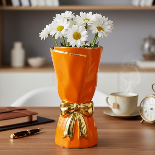 Orange Ceramic Vase for Pampas Grass, Bow Modern Vases Home Decor, 10 Inch Centerpiece Vase for Dining Table, Autumn, Kitchen Decor, Fireplace, Bathroom Decorations - color: Orange, size: 10 inch