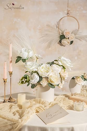Serwalin Artificial White Flowers for Wedding, Silk Flowers Cake Decoration, Fake Flowers for Centerpieces Bouquets White Roses Peonies, Bridal Shower DIY Christmas - color: Champagne White, size: Square