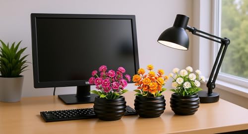Smart Artificial Plants Set of 3, Mini Faux Flowers for Home, Office Desk, Bedroom & Bathroom Decor