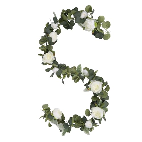 2 Pack White Artificial Peony Garland 6.2ft/Piece Silk Fake Flower Vines Faux Eucalyptus Garland with Peony Flower for Wedding Arch Home Table Mantle Party Backdrop Decoration (White) - color: White