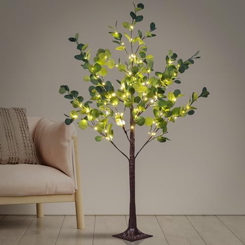 LIGHTSHARE 4FT Lighted Eucalyptus Tree 126L Warm White LED Artificial Greenery with Lights for Wedding Holiday Home Party Decoration Indoor Outdoor - size: 4ft
