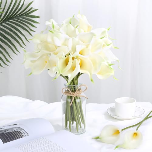24 Pcs White Artificial Flowers Fake White Calla Lily Silk Flower Real Touch for Wedding Office Home Kitchen Decor - color: White