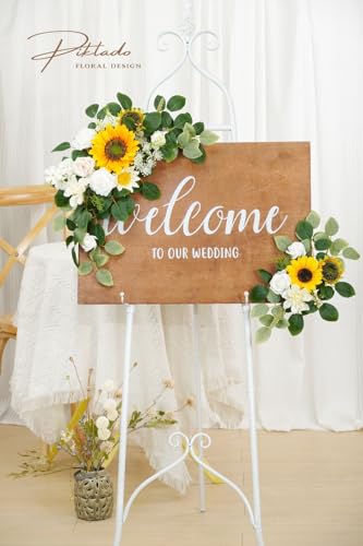 Wedding Decor (Pack of 2) Welcome Sign Flower Backdrop Garland for Ceremony Reception Wall Easel Home Decoration Entryway Faux Outdoor Board Head Table Decor (Sunflower) - color: Sunflower