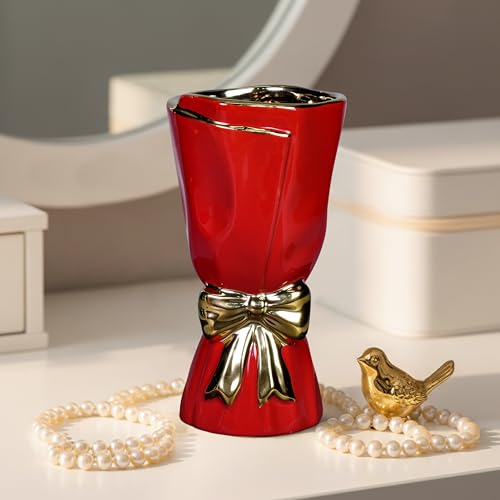 Bow Red Vase for Flower, Modern Ceramic Vase for Pampas Grass, 10 Inch Decorative Vases Home Decor, Festive, Bathroom, Centerpiece for Holiday Table and Party Decor - color: Red, size: 10 inch