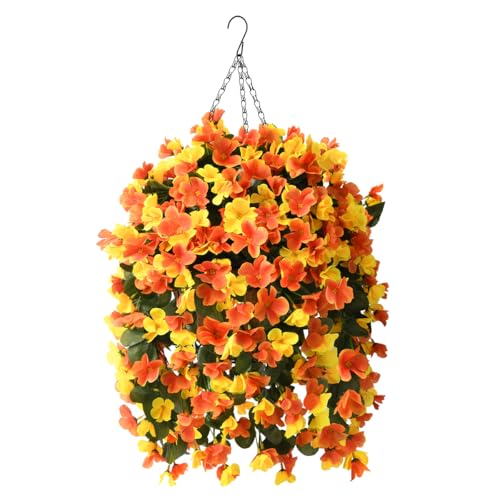 INQCMY Artificial Hanging Flowers Basket for Spring Summer Outdoor Decor,Faux Silk Begonia in Planter Look Real UV Resistant for Porch Home Patio Garden Yard Decoration - color: Orange Yellow