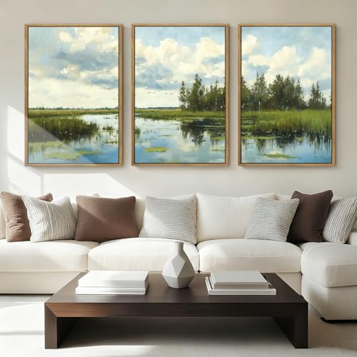BINCUE Framed Green Nature Wall Art Lake Scenery Wall Decor Landscape Art Print Green Nature Landscape Artwork Green Plants Wall Pictures for Living Room Bedroom Office Farmhouse 16 x24 Inches Set of 3 Gift - color: Farmhouse Landscape, size: 24"L x 16"W