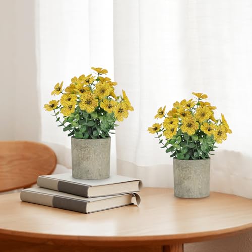 2 Pack Small Fake Plants Potted Artificial Plants Artificial Flowers Potted Faux Flower Daisy with Eucalyptus Leaves for Home Decor Office Room Farmhouse Indoor Table Bathroom Decor（Yellow） - color: Yellow