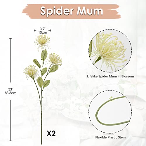 Hollyone 33" White Artificial Mums Flowers Chrysanthemum Flowers 2Pcs Fake Spider Mum Flower Arrangement Spring Summer Faux Pincushion Flower with 3 Heads Long Stem Bouquet Table Home Decor - color: White