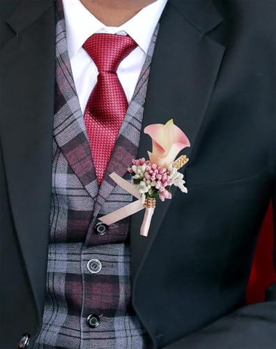 Calla Lily Boutonniere for Men Wedding Pink, Artificial Flower Groom Groomsman Boutonniere with Pins for Wedding Prom Party Homecoming Ceremony Anniversary Suit Decor - color: Pink