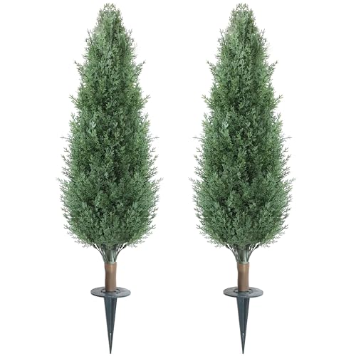 3FT Artificial Cedar Topiary Trees with Ground Spike, Outdoors Fake Cypress Shrubs Trees Set of 2 Faux Boxwood Topiaries Bushes Evergreen Plants for Home Front Porch Decor (36 Inch) - size: 35 inch