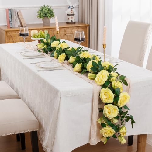 U'Artlines 3 Pack Artificial Yellow Rose Vines Floral Garlands Total 19.5 Ft Fake Vine Silk Flower Garland for Indoor Outdoor Home Wedding Arch Garden Wall Decoration - color: Yellow, size: Set of 3
