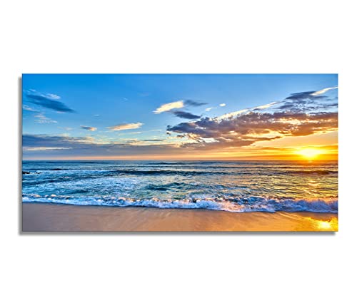 Aibonnly Wall Art Canvas Painting Seaside Sunset over the beaches 1 Piece blue sea view Ocean Picture Poster Print Framed and Stretched Ready to Hang for Living Room Bedroom Kitchen Office - color: Blue, size: 40"L x 20"W