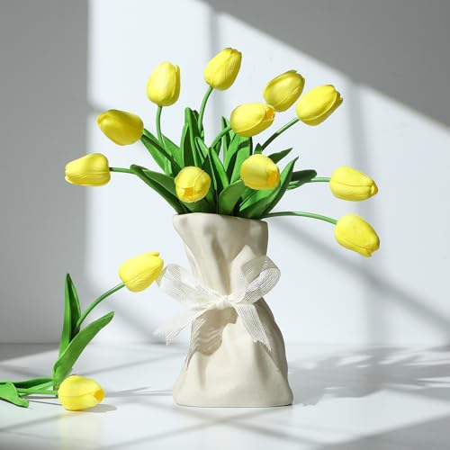 30 Pcs Artificial Tulips PU Faux Flowers, Yellow Real Touch Fake Tulips for Valentine's Day Spring Easter Home Kitchen Wedding Decorations and New Year Decor - color: Yellow