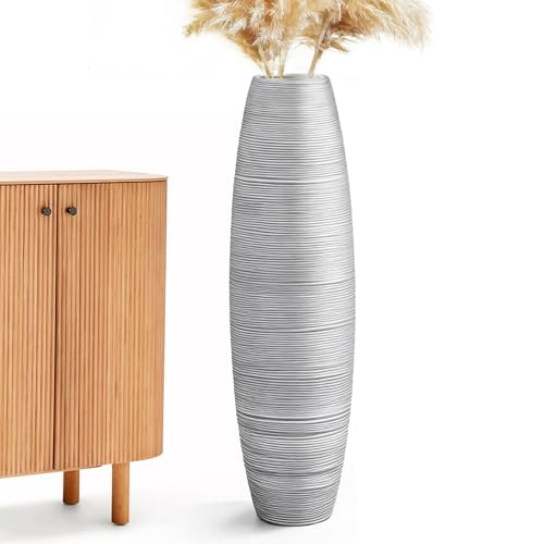 Large Floor Vase 35.4" Silver Metallic, Resin Wide-Body Vase with Horizontal Ribbed Texture for Dried Pampas Grass Branches, Modern Home Decor for Living Room Corner Entryway - color: Silver, size: 35.43 in
