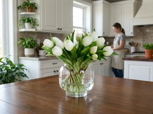 20 Pcs Artificial White Tulips,Real Touch Faux Tulip Flowers Bulk for Wedding Centerpieces,Vase Arrangements,Home Table Decor - color: White