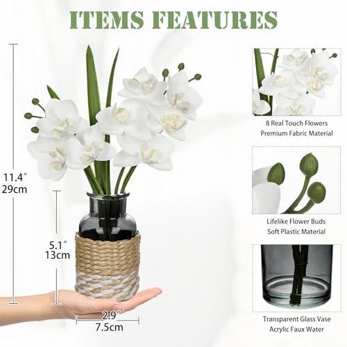 White Orchids Artificial Flowers with Vase, Small Faux Orchid Arrangement Fake Flower in Woven Glass Vase Black and White Decor Small White Centerpieces for Kitchen Dining Room Tables Bathroom Decor - color: White # Black