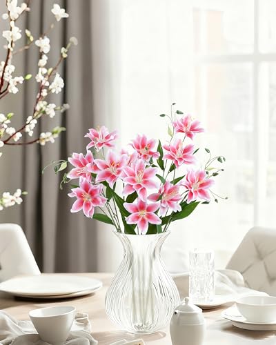 DuHouse 6 Pcs Artificial Lily Flowers, Fake Lilies Silk Flower for Table Vase DIY Wedding Bouquets Party & Home Decor(Pink) - color: Pink