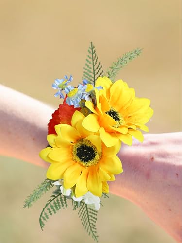 Rinlong 2Pcs Sunflower Wrist Corsage for Wedding, Prom, Homecoming | Bridesmaid, Mother of the Bride Corsage - color: 14-sunflowers