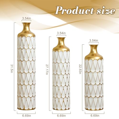 Tall Floor Vases Set of 3 for Decor Living Room Floor, White and Gold Vases Home Decor, Embossed Body Pattern, 31.5" H/27.17" H/22.83" H Geometric Cylinder (Gold 7) - color: Gold 7