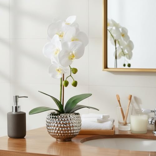 Fake Flowers with Vase, Large Orchids Artificial Flowers in Silver Pot Fake Orchid Fake Plant in Pots Artificial Flowers for Home Decor Indoor Table Centerpiece Bathroom Decoration - color: Silver&white