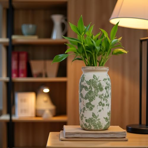 Vintage Green Floral Ceramic Vase, 8 Inch Crackle Glaze Rustic Handmade Vase, Decorative Pottery for Fresh or Dried Flowers, Farmhouse Cottage Modern Rustic Decor - size: Medium - Tall Cylinder Vase