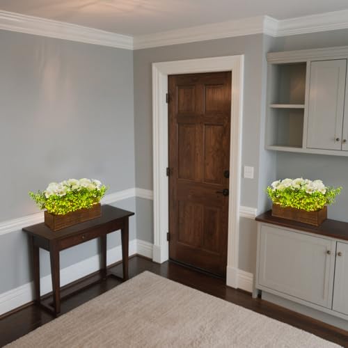 14" Artificial Peony Hydrangea Flowers Arrangement in Rectangular Wooden Planter Box, Rechargeable LED Faux Plants with Remote, Table Centerpieces for Dining Room Coffee Living Room Easter Home Decor