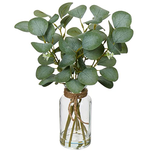 Briful Artificial Eucalyptus Stems in Glass Vase with Faux Water, 14" Fake Plant Eucalyptus Leaves for Home Bathroom Office Farmhouse Wedding Centerpiece Décor - color: Clear