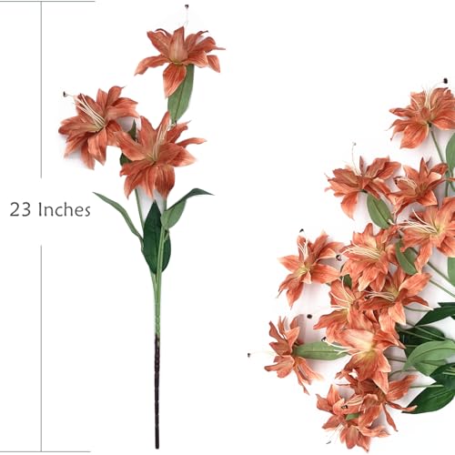 Artificial Lily Flowers, Vintage Fake Silk Flower Long Stems Stargazer Lilies Real Touch Faux Plants Stem Tiger Bouquets for Home Decor Indoor Outdoor Wedding Party Floral DIY Decorations Brown 4 Pack - color: Lily Flowers - Brown 4 Pcs