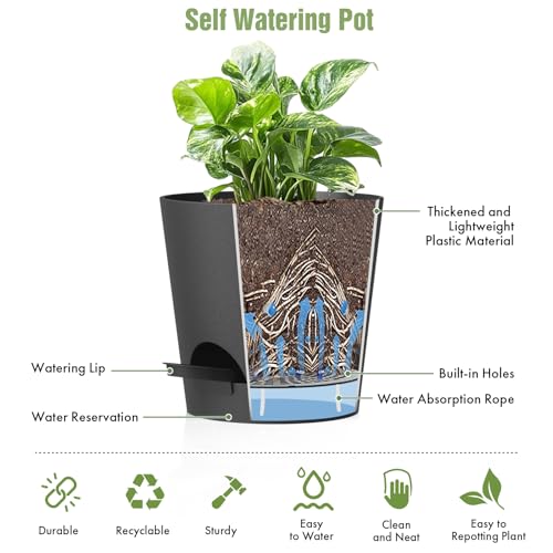 WSMKSZ 4 inch Self Watering Pots for Indoor Outdoor Plants, 6 Pack Plastic Flower Planters with Drainage Holes and Removable Saucers, Plant Pots with Wicking Rope, Modern Decor, Black - color: Black, size: 4inch 6pcs