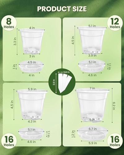 24 Packs Clear Nursery Pots for Plants with Saucers, 7/6/5/4 Inch Plastic Flower Pots with Drainage Hole, Variety Pack Seedlings Plant Pot with 24 Plant Labels - size: 4/5/6/7 24pcs