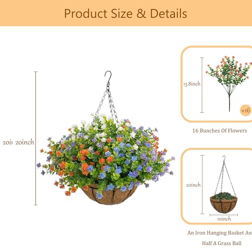 NETAP Artificial Hanging Flowers Basket for Outdoor, 16 Fake Flowers Look Real UV Resistant, Faux Hanging Plants for Porch, Balcony, Patio, Garden, Spring Summer Decor,MixA - color: Mixa