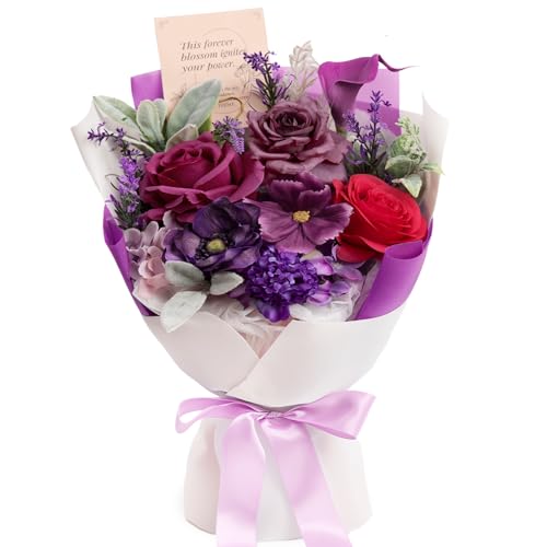 TINGE TIME Mothers Day Preserved Flowers Bouquet, Forever Flowers Gifts for Mom, Birthday Gifts for Women, Eternal Roses Bouquet for Grandma Wife Anniversary Graduation(Purple) - color: Purple