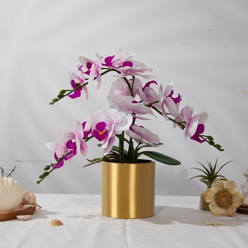 LESING Artificial Orchid Flower with Vase Realistic Orchids Faux Flower Fake Orchid Bonsai Plants in Pot Arrangement for Home Wedding Party Dining Table Centerpiece Decor (White Purple,Gold Vase) - color: White Purple,gold Vase