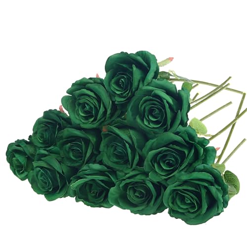 Felice Arts 12 Pack Green Roses Artificial Flowers with Stems Silk Roses for Vase Fake Flowers Bouquet for St Patricks Day Wedding Table Home Kitchen Party DIY Christmas Decor - color: Green