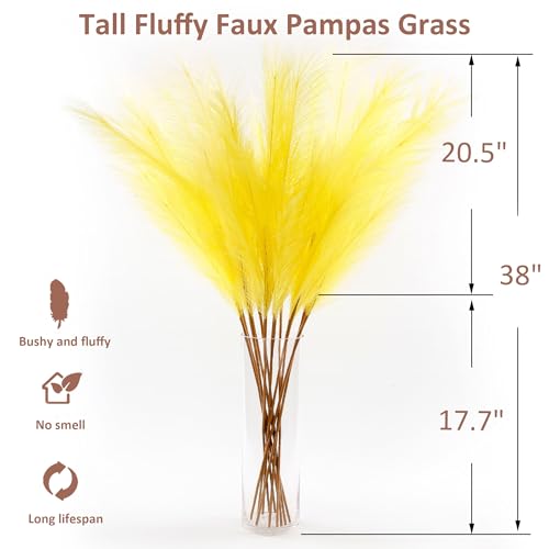 12 PCS Light Yellow Faux Pampas Grass 38"/3.1ft Tall Artificial Pompous Grass Large Fake Pompas Branches Plants Floor Vase Filler for Flower Arrangement Home Decor - color: Light Yellow